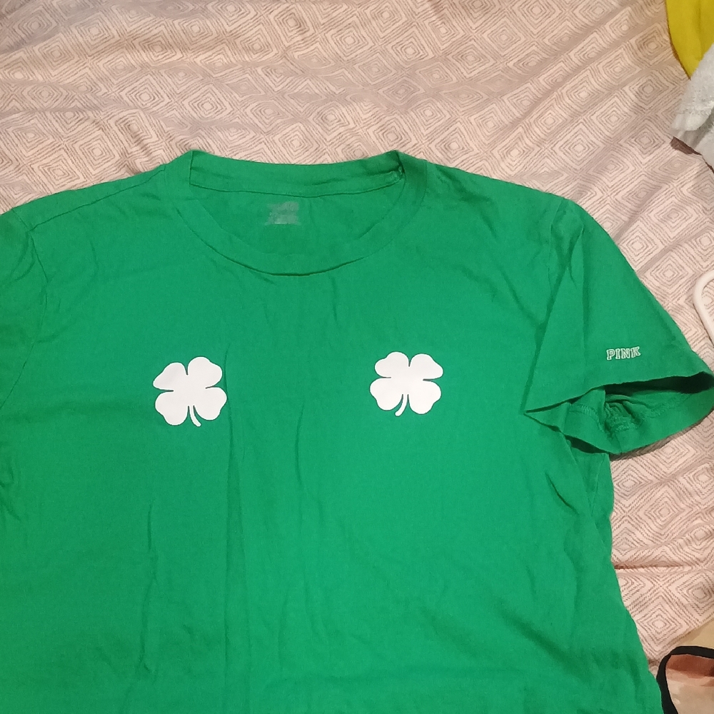 PINK Victoria's Secret Green Logo Crewneck Tee